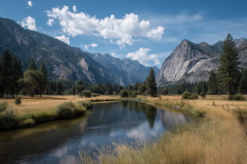 National park with rocky mountain range, river with clean water, green grass and trees, blue sky white cloud.