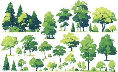 Diverse Tree Collection: A vibrant assortment of stylized trees and bushes in a serene woodland setting, perfect for illustrating environmental concepts.