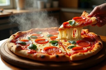 Cheesy Pizza Close Up with Melting Mozzarella and Crispy Crust