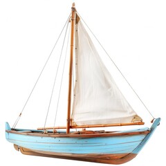 Obraz premium Wooden sailboat model, light blue, white sail