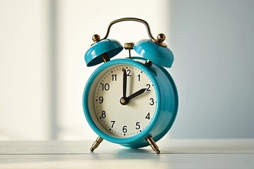 Vintage Blue Retro Alarm Clock Close Up on White Background