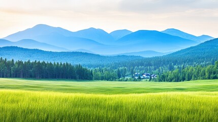Fototapeta premium Rolling Hills and Lush Meadow: Panoramic view of a vibrant green meadow gives way to rolling hills and distant mountains creating a breathtaking, serene landscape.