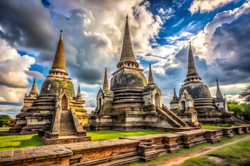 Naklejka premium From below of ancient Wat Phra Si Sanphet Buddhist temple with stupas located against cloudy sky in Ayutthaya in Thailand