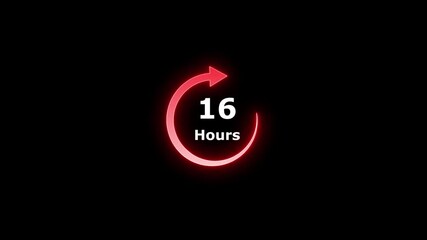 Glowing neon Clock,stopwatch icon.16 hours time circle icon.Animation timer icon with 16 hours.