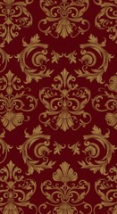 Intricate golden flourishes on deep crimson background evoke timeless elegance and sophistication