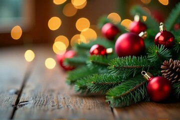 Christmas Tree Branch Close Up with Red Baubles and Warm Lights