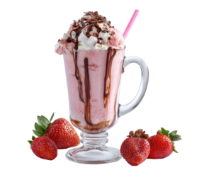 Pink milkshake with strawberries, whipped cream, and chocolate drizzle in a glass with a straw