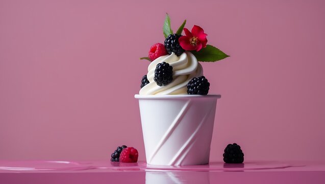 Delicious soft serve ice cream topped with fresh berries and edible flowers in a white cup