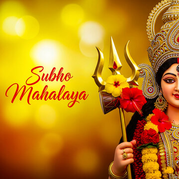 Devotional depiction of goddess durga holding a golden trident adorned with flowers celebrating subho mahalaya festive occasion