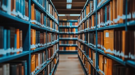 Stacks of Knowledge: A panoramic shot inside a library, with endless shelves laden with books creating a sense of boundless knowledge. The neatly arranged books create an engaging study environment.