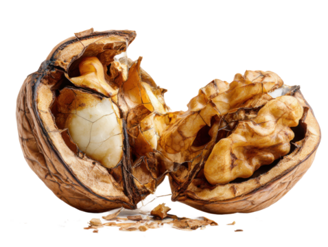 Cracked walnut shell revealing nut inside kitchen food photography. Isolated on transparent background, png.