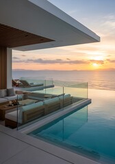 Obraz premium Luxurious oceanfront villa offering stunning panoramic views at tranquil sunset ambiance