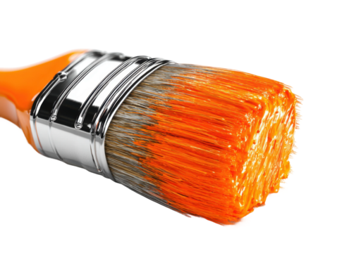 Painting action with orange brush in studio environment close-up. Isolated on transparent background, png.