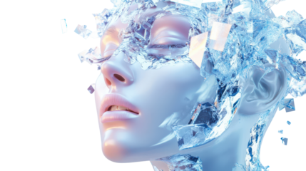 A woman's face seemingly shattering into icy fragments against a stark white backdrop, showcasing a concept of fragility or transformation.
