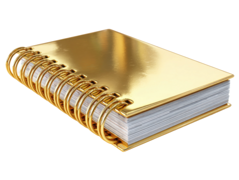 Creating a shiny gold notebook studio workspace product photography. Isolated on transparent background, png.