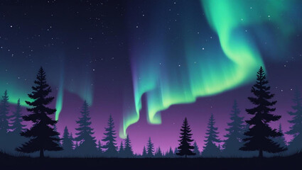 Naklejka premium Northern lights over pine forest landscape at night