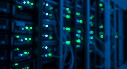 Fototapeta premium Floating server racks with glowing data streams, abstract cloud technology concept