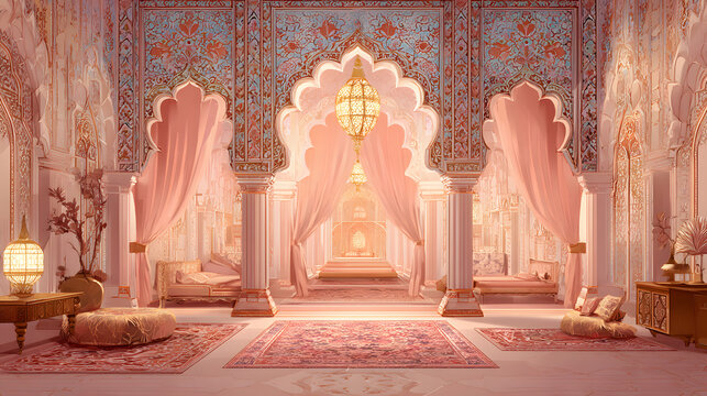 Ornate pink and gold colored middle eastern style palace interior with intricate patterns and luxurious fabrics. Ornate Palace Interior. Illustration