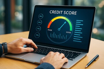 Person analyzing credit score dashboard on laptop screen at desk in modern office background, showing financial data concept in business context.