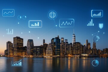 Futuristic business analytics concept over modern city skyline at night with glowing data icons and graphs on a digital light blue background.