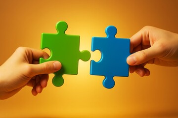 Two hands connecting green and blue puzzle pieces against a glowing orange background symbolizing teamwork and business collaboration concept.