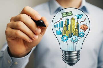 Business innovation concept with illustrated cityscape, gears, and financial icons inside lightbulb held by hand on soft blurred background.
