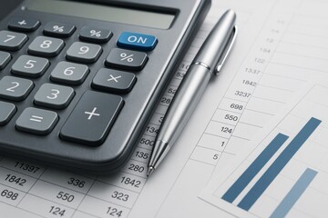 Close-up of calculator, pen, and financial documents with bar graphs on light background representing business accounting and finance concept.