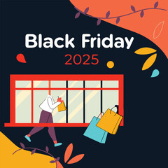 Black Friday sale banner.  lights with gifts box, design on black background 2025