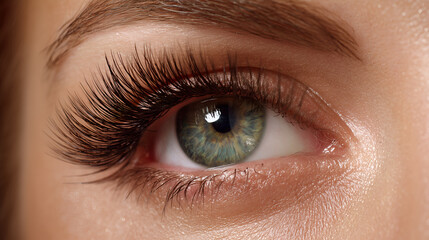 Obraz premium a stunning close-up of an eye showcasing long, luscious eyelashes, highlighting beauty and elegance. The eye's iris reveals a captivating shade of green