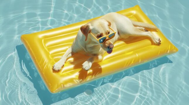 Dog in sunglasses floats on water mattress in pool