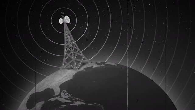 Half-frame black & white Earth with towering antenna emitting circular radio waves. Static glitches complete the vintage broadcast aesthetic. Seamless loop.