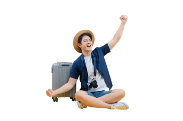 A happy traveler sitting near luggage ready for travel adventure. The man is smiling and has his arm raised in excitement. on png background