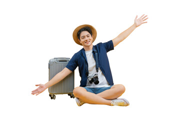 Joyful traveler sitting with luggage on the ground with arm open, on png background 