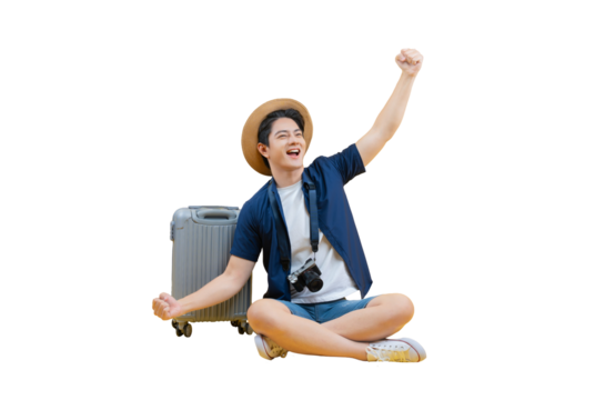 A happy traveler sitting near luggage ready for travel adventure. The man is smiling and has his arm raised in excitement. on png background - Powered by Adobe
