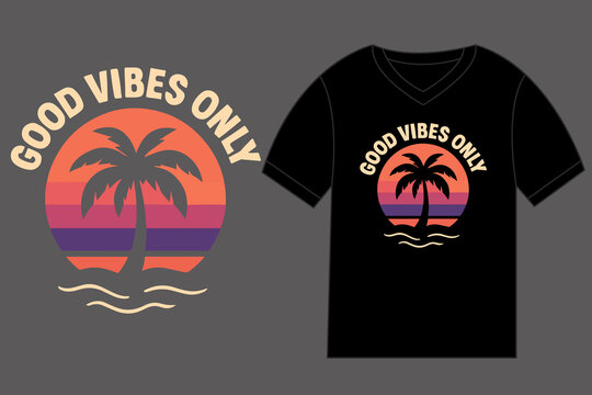Retro sunset with palm trees and ocean waves graphic for t shirt design - Powered by Adobe