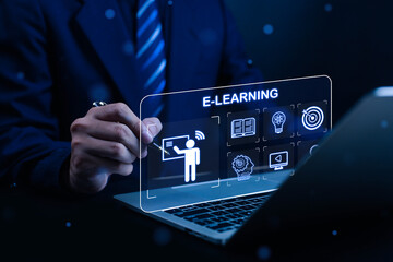 Man with virtual screen Online Education Concept Choose the correct answer Online Digital Technology Concept Online Learning Training Course Digital