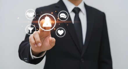 Professional businessman interacts with digital icons representing customer engagement, sales funnel, communication, and relationship building for business growth.