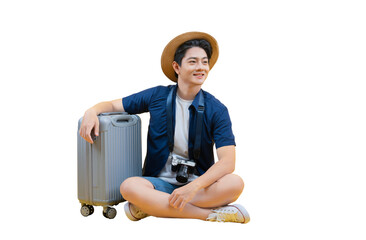 A young man with a hat and suitcase sits contemplating his travel destination on png background 