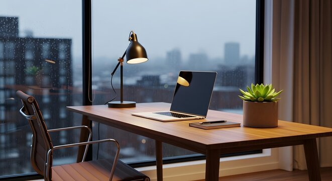 Cozy home office setup with laptop and desk lamp overlooking rainy city skyline, inspiring productive remote work sessions