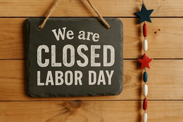 Closed sign for labor day holiday on wooden background with patriotic decorations