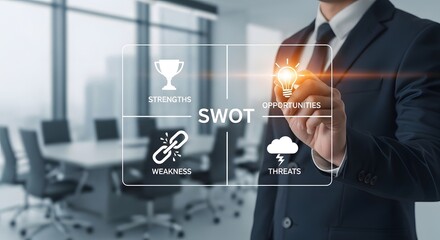 Expert strategist analyzes SWOT framework for business growth and strategic planning in a modern conference room, highlighting opportunities and strengths.