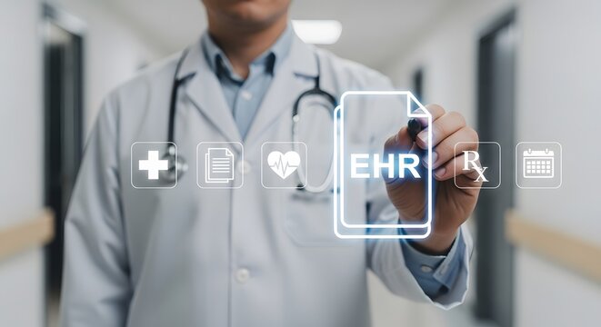 Confident doctor interacts with digital medical records and health icons, symbolizing modern healthcare and patient care advancement.