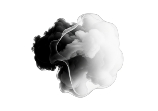 An abstract, organic form, seamlessly transitioning from deep black to transparent with soft textures, suspended against a stark white background in a UHD studio photo, evoking ethereal smoke in fluid