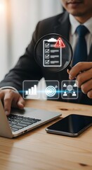 Sharp executive meticulously reviews checklist and business metrics under magnifying glass, visualizing growth and team collaboration.