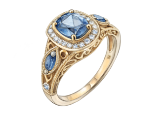 Exquisite gold ring with a square blue gemstone surrounded by diamonds isolated on transparent background, a symbol of love and commitment
