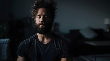 Man meditating in a quiet dimly lit room