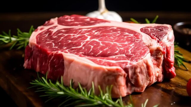 Raw marbled beef steak rests with fresh rosemary and garlic