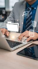 Professional executive analyzing data and documents on laptop, surrounded by digital workflow icons, signifying business growth and efficiency in modern office.