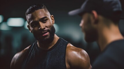 A personal trainer coaching a client in the gym with fitness lighting  long title A focused personal trainer assisting and motivating a client during