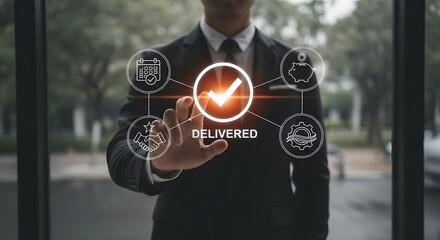 Professional businessman interacting with glowing digital interface displaying successful delivery process icons, symbolizing achievement and efficiency in business